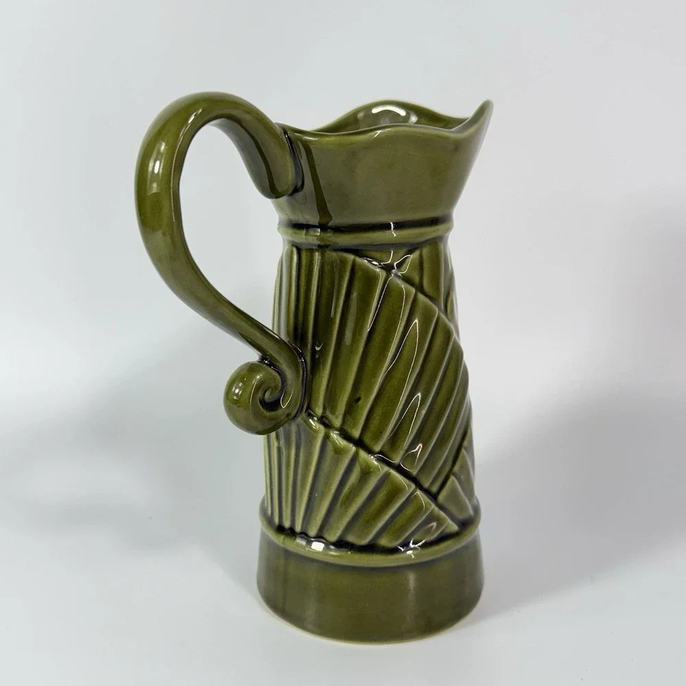 Mid Century Modern MCM Pitcher Vintage Avocado Green Geometric Ceramic 1970s‎